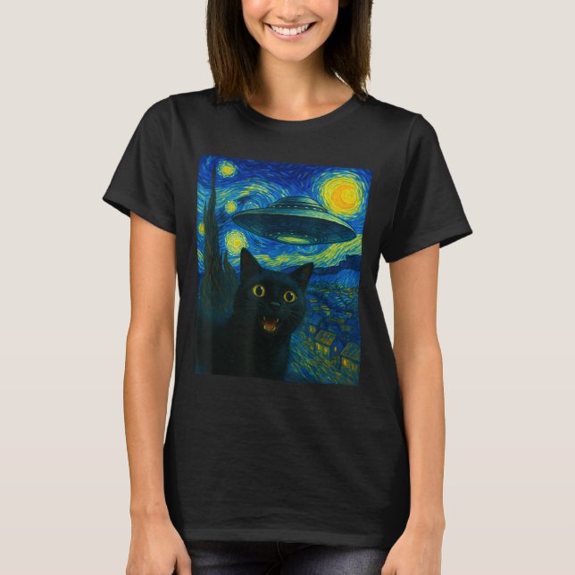 Cat Selfie With Alien Ufo Night Van Gogh Men Women T Shirt (Framsida)