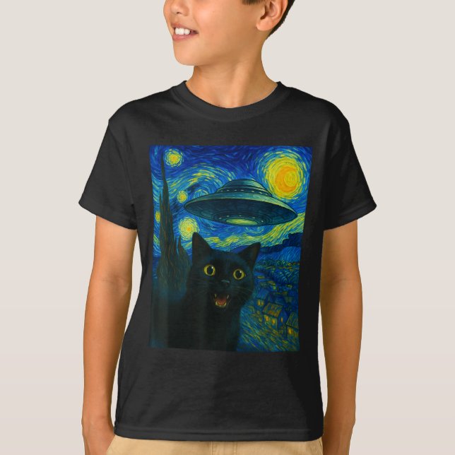 Cat Selfie With Alien Ufo Night Van Gogh Men Women T Shirt (Framsida)