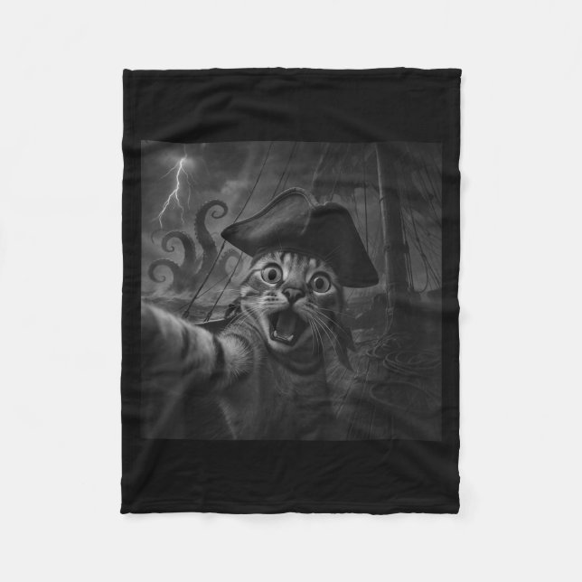 Cat Selfie With Kraken Octopus Funny Meme Men Wome Fleecefilt (Framsidan)