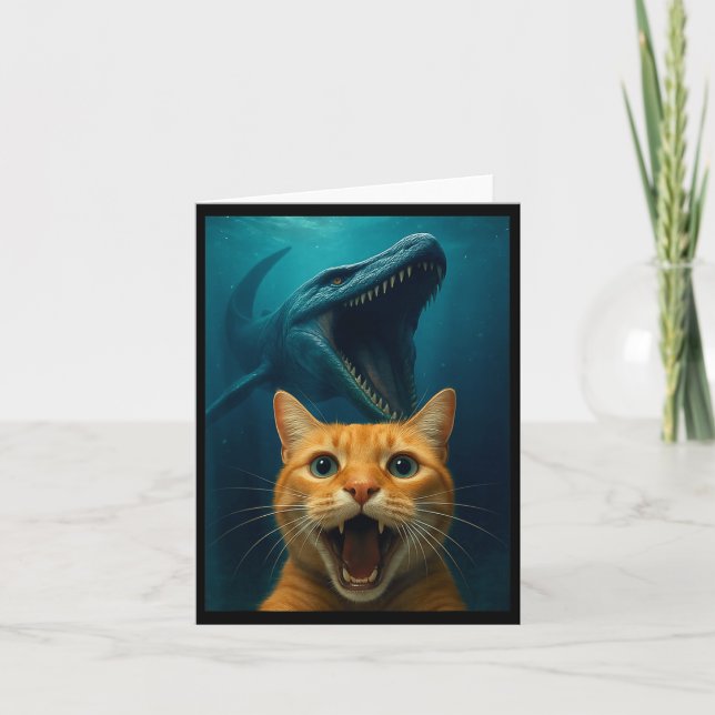 Cat Selfie With Mosasaurus Dinosaur For Boys Kids  Kort (Framsida)