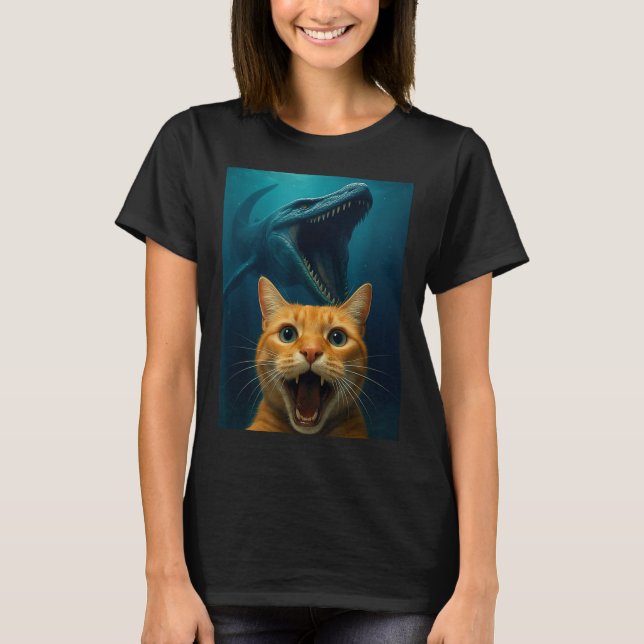 Cat Selfie With Mosasaurus Dinosaur For Boys Kids  T Shirt (Framsida)