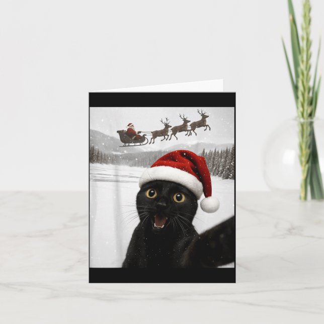 Cat Selfie With Santa Funny Black Cat Christmas Me Kort (Framsida)