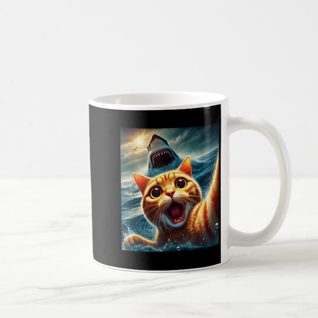 Cat Selfie With Shark Funny  Kaffemugg (Höger)