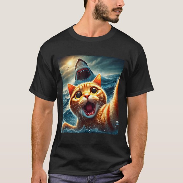 Cat Selfie With Shark Funny  T Shirt (Framsida)