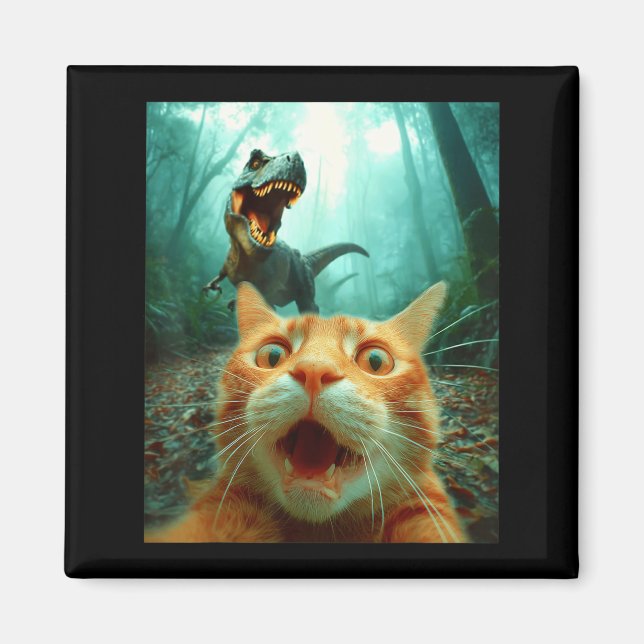 Cat Selfie With T-rex Dinosaur Trex Dino Men Women Magnet (Framsidan)