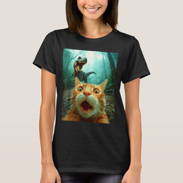 Cat Selfie With T-rex Dinosaur Trex Dino Men Women T Shirt (Framsida)