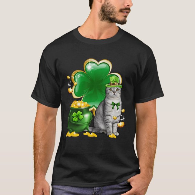 Cat Shamrock St patricks day Cat Meowy Irish T Shirt (Framsida)