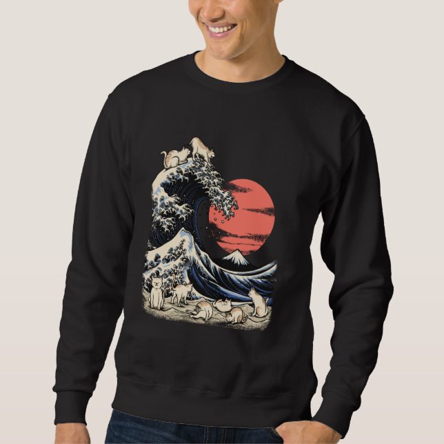 Cat Shirt Japansk Cat Kanagawa Wave Hokusai Kitte Lång Ärmad Tröja (Framsida)