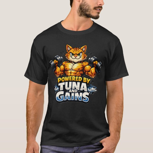 Cat Shirt Powered By Tuna And Gains Tee (Framsida)