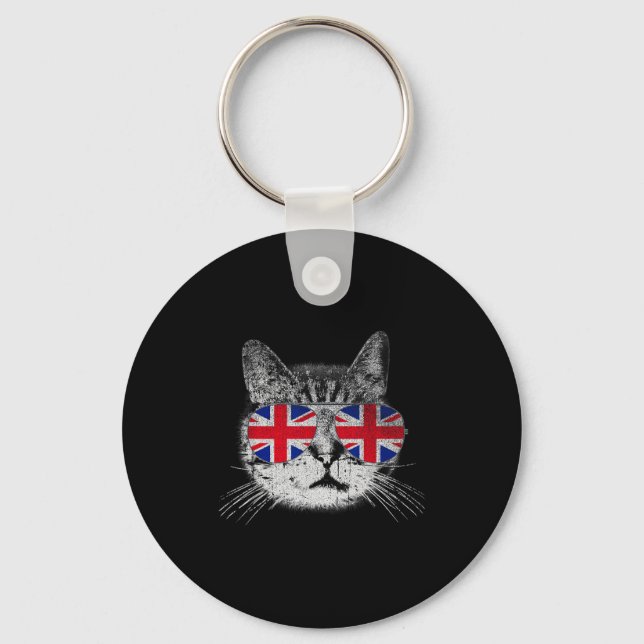 Cat Shirt Union Jack Flag Country Retro England Br Nyckelring (Framsida)