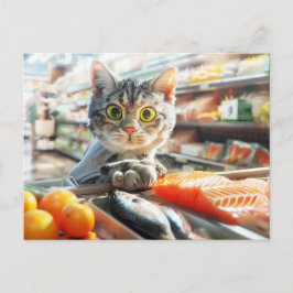 Cat shopping in grocery store with produce helg vykort