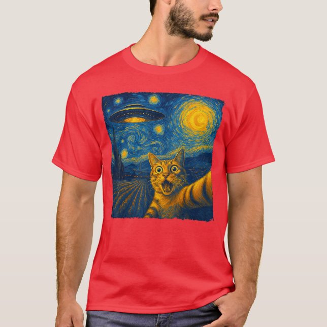 Cat Sie with UFO Cats Starry Night Van Gogh Men Wo T Shirt (Framsida)
