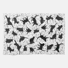 Cat Silhouette Black & White Dodle bubble Kökshandduk