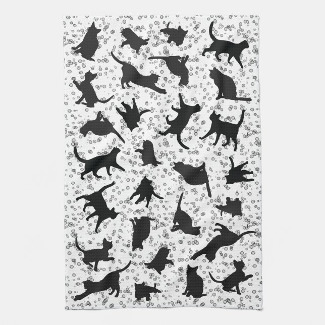 Cat Silhouette Black & White Dodle bubble Kökshandduk (Vertikal)