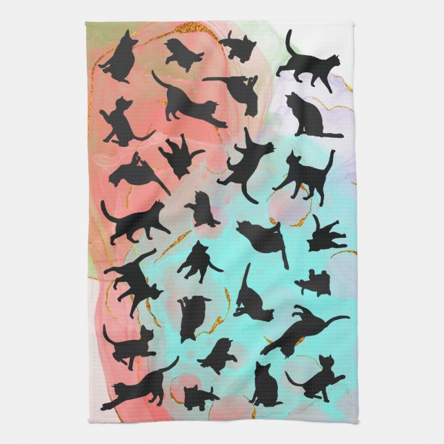 Cat Silhouette Kitchen Towel-blomma bläck-bakgrund Kökshandduk (Vertikal)