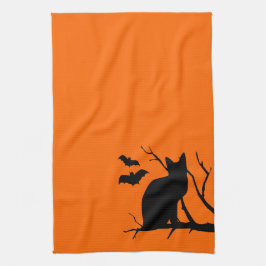 Cat Silhouette Orange Halloween Kitchen Towel Kökshandduk
