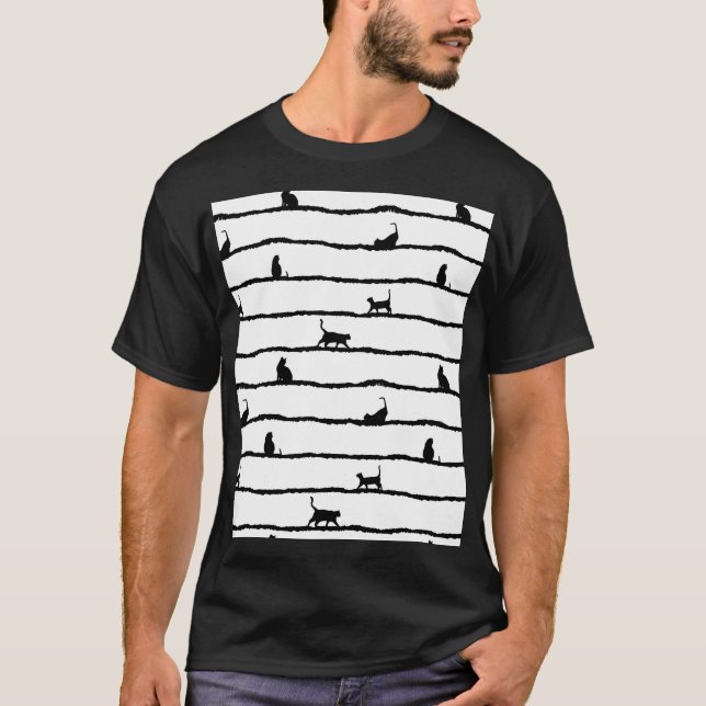 Cat Silhouette Rand Abstrakt Hand plockade Mönster T Shirt (Framsida)