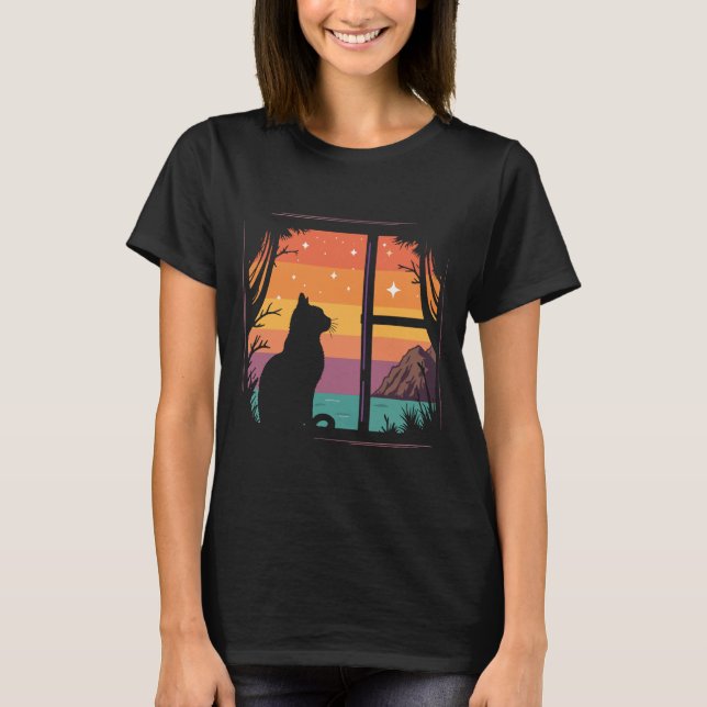 Cat Silhouette Retro Sunset T Shirt (Framsida)