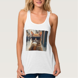 Cat Sipping Coffee On A Street Linne Med Racerback