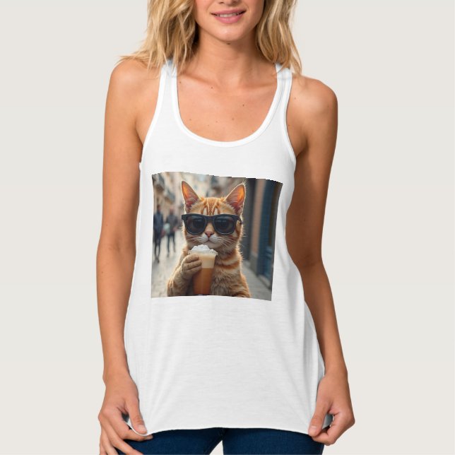 Cat Sipping Coffee On A Street Linne Med Racerback (Framsida)