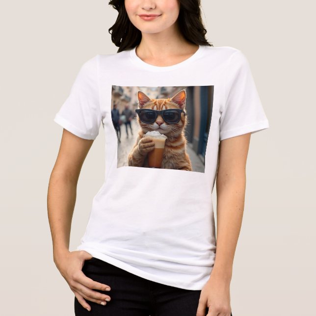 Cat Sipping Coffee On A Street T Shirt (Framsida)