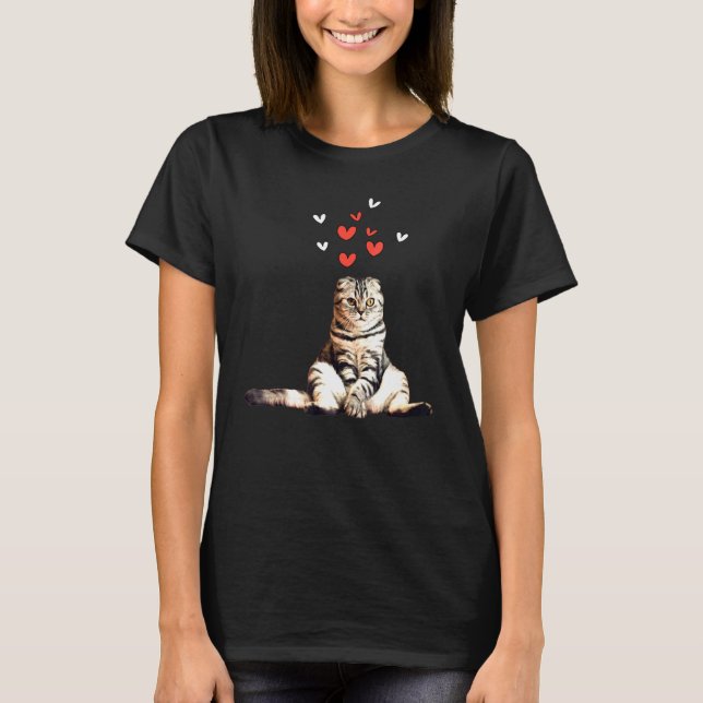 Cat Sitta Golv Hearts Black Background Cute Kit T Shirt (Framsida)