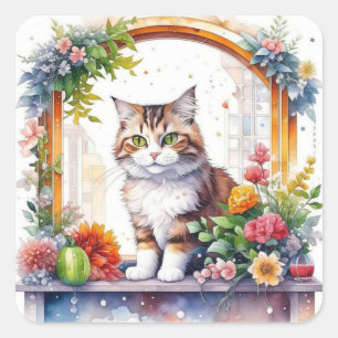 Cat Sitta i fönstren med blommor, vattenfärg Fyrkantigt Klistermärke