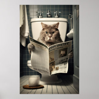 Cat Sitta om Toilet Reading a Newspaper Poster