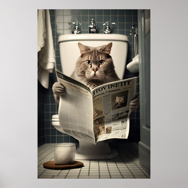Cat Sitta om Toilet Reading a Newspaper Poster (Framsidan)