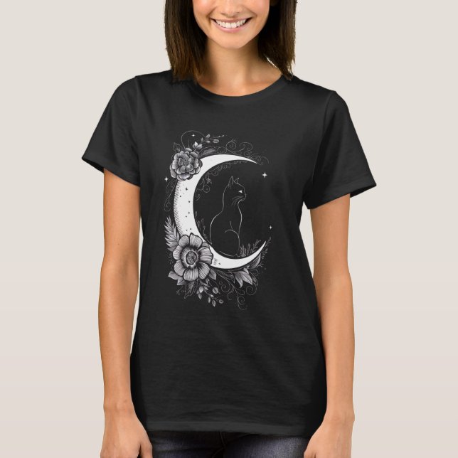 Cat Sitta på de halvmånsblommor Måne som finns i T Shirt (Framsida)