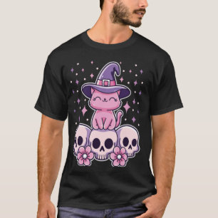 Cat Sitta på Döskallar Cute Creepy Pastel Goth Wit T Shirt
