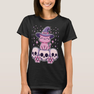 Cat Sitta på Döskallar Cute Creepy Pastel Goth Wit T Shirt