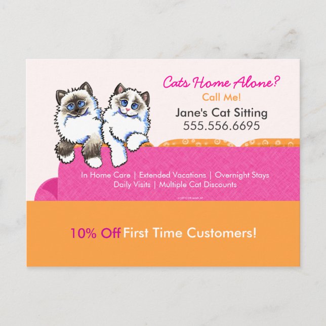 Cat Sitter Coupon Mailer och Ragdoll Couch Rosa Vykort (Framsida)