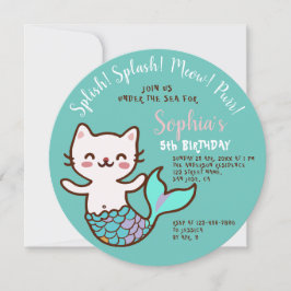 Cat Sjöjungfru Blue Round Girl Birthday Purrmaid Inbjudningar