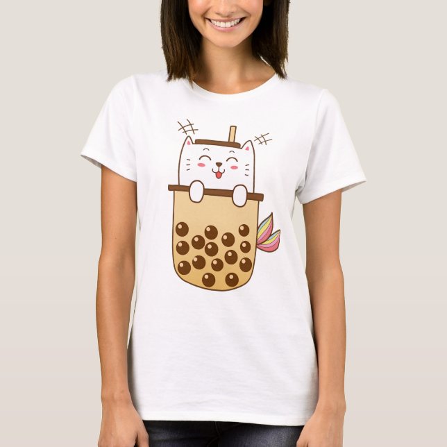 Cat Sjöjungfru Boba Mjölk Tea T Shirt (Framsida)