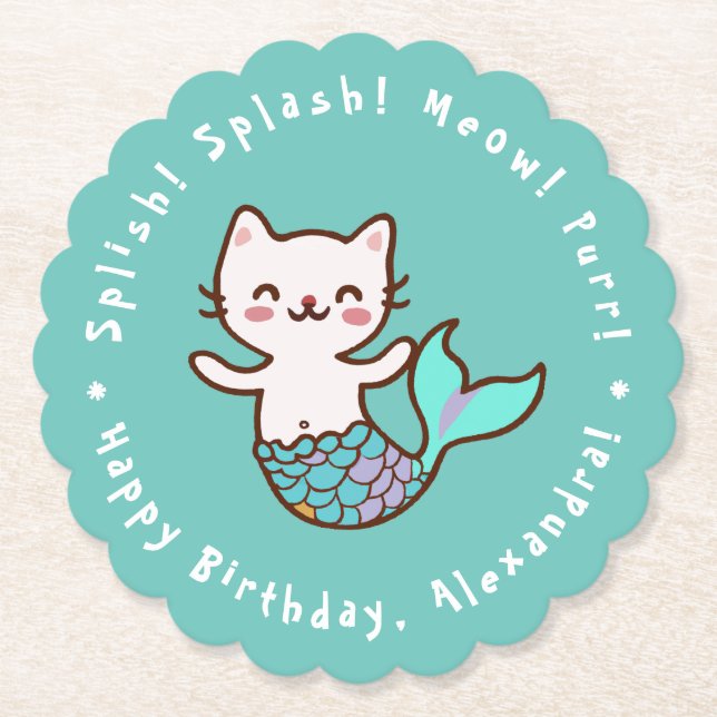 Cat Sjöjungfru Girl Birthday Blue Meowmaid Underlägg Papper (Framsida)