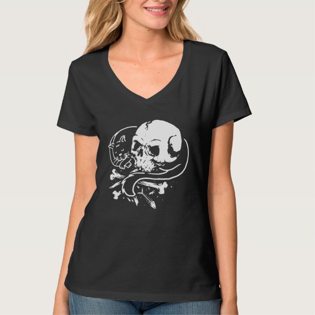 Cat Skull Kitty  Skeleton Halloween Themed Costume T Shirt (Framsida)