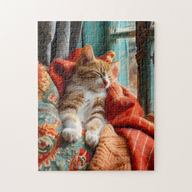 Cat Sleeping by Window with Pillow and Blanket Pussel (Vertikal)