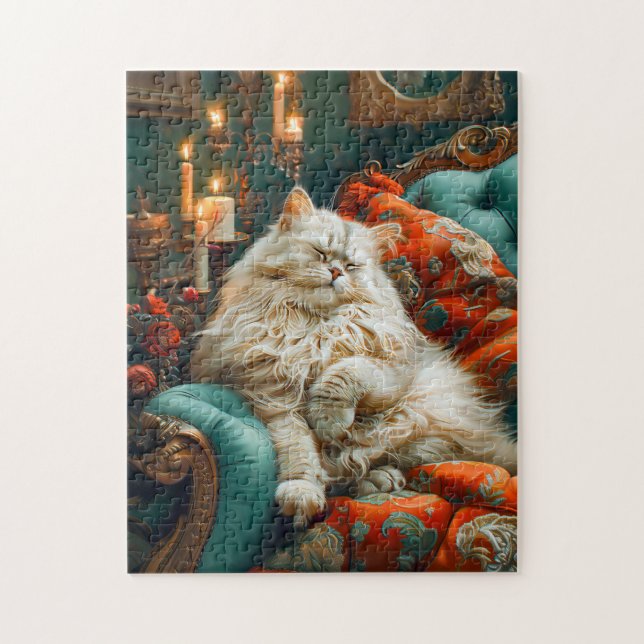 Cat Sleeping on Cozy Chair by Candlelight Pussel (Vertikal)