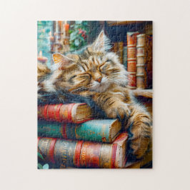 Cat Sleeping on Pile of Books Pussel