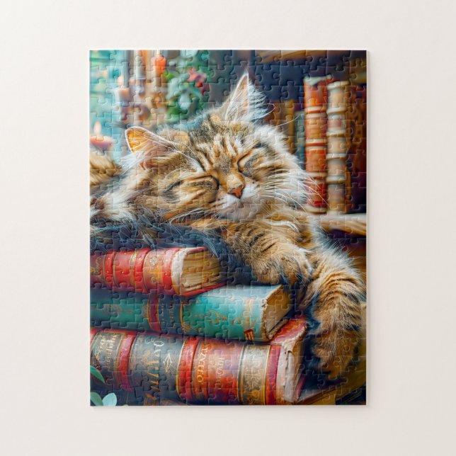 Cat Sleeping on Pile of Books Pussel (Vertikal)