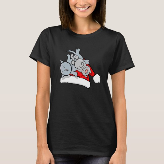 Cat Sleeping Santa Hat jul Pajama Cute Kitte T Shirt (Framsida)