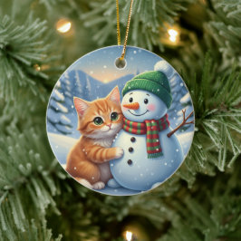 Cat & Snowman Friends Christmas Winter Companion Julgransprydnad Keramik