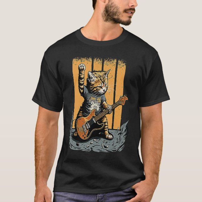 Cat som spelar Guitar Sten Kattunge Bass Player T Shirt (Framsida)