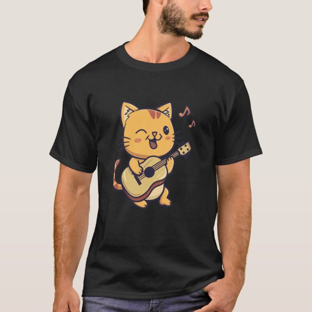 Cat Spela Guitar Kitten Cute Boys Girls T Shirt (Framsida)