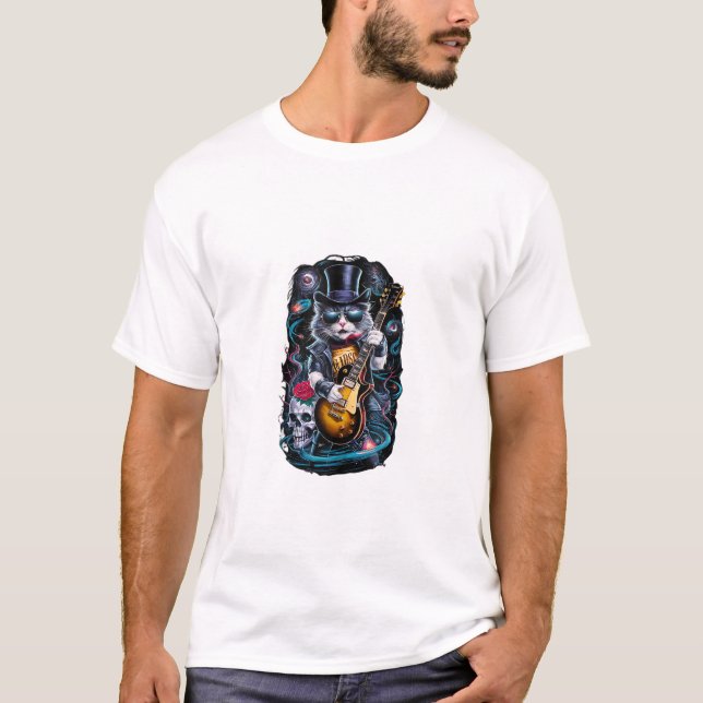Cat Spela Guitar Sten & Roll 80-tal 90-tal Sten Ba T Shirt (Framsida)