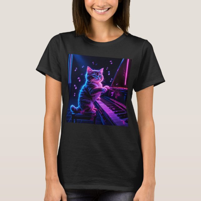 Cat Spela Piano Music Älskare Funny T Shirt (Framsida)