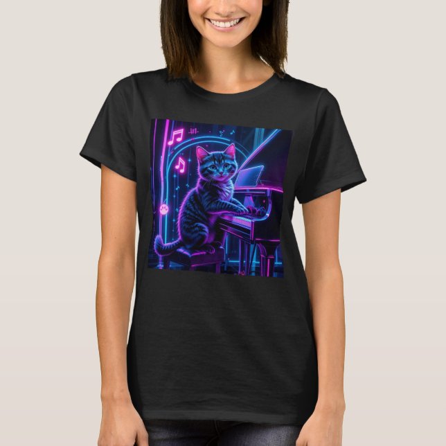 Cat Spela Piano Music Älskare Funny T Shirt (Framsida)