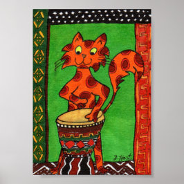 Cat Spelar upp afrikansk Djembe Drum Mini Folk Art Poster