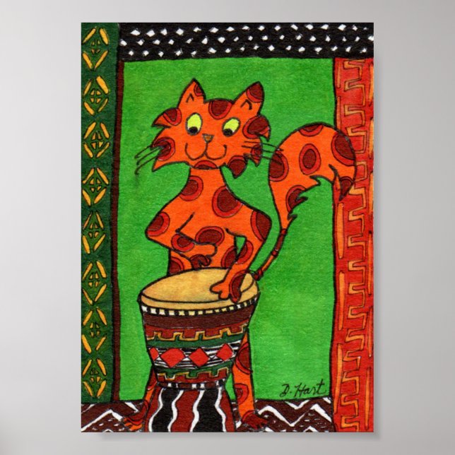 Cat Spelar upp afrikansk Djembe Drum Mini Folk Art Poster (Framsidan)